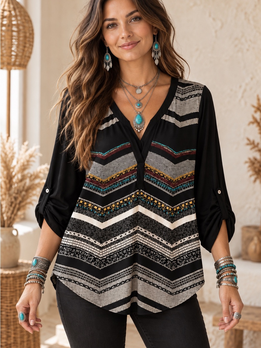 DR2 by Daniel Rainn Boho Chevron Tunic Blouse Black Roll Tab Sleeve
